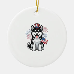 Patriotisches Husky-Welpen-Vintage-Gravur-Shirt-De Keramik Ornament