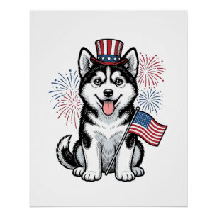 Patriotisches Husky-Welpen-Vintage-Gravur-Shirt De Poster
