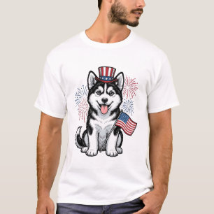 Patriotisches Husky-Welpen-Vintage-Gravur-Shirt-De T-Shirt