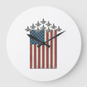Patriotisches Kampfflugzeug Flagge Vintage Gravur  Große Wanduhr