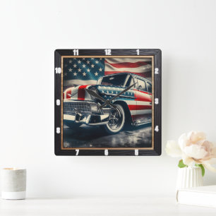 Patriotisches Klassisches Auto Quadratische Wanduhr