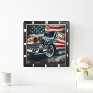 Patriotisches Klassisches Auto Quadratische Wanduhr