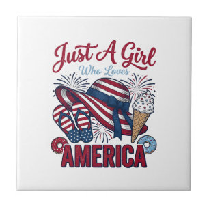 Patriotisches Mädchen Amerika Sommer Vintage T-Shi Fliese