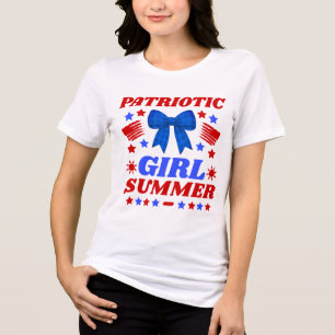 Patriotisches Mädchen Sommer Blau Gingham Schleife Tri-Blend Shirt