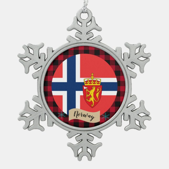Patriotisches Norwegen, Büffel kariert, norwegisch Schneeflocken Zinn-Ornament (Vorderseite)