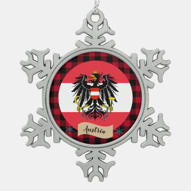 Patriotisches Österreich, Büffel kariert, österrei Schneeflocken Zinn-Ornament (Vorderseite)