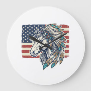 Patriotisches Pferd Flagge Vintage Vektor T-Shirt Große Wanduhr