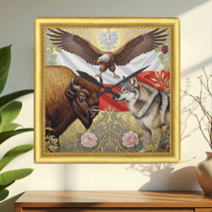Patriotisches Polen, Bison, Wolf, Adler, Jugendsti Quadratische Wanduhr