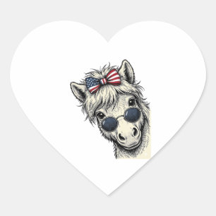 Patriotisches Pony mit Sonnenbrille Vintage-Vektor Herz-Aufkleber