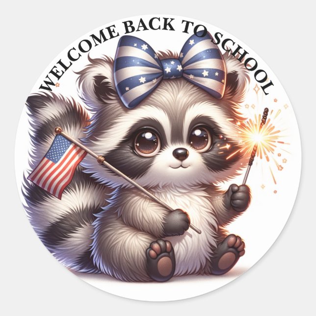 Patriotisches Raccoon zurück zur Schule Runder Aufkleber (Vorderseite)