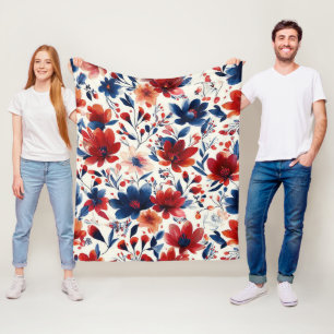 Patriotisches Rot Blau Weiß Floral (10) Fleecedecke