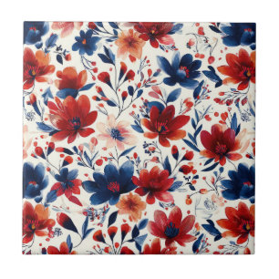 Patriotisches Rot Blau Weiß Floral (10) Fliese