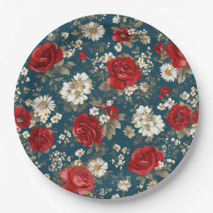 Patriotisches Rot Blau Weiß Floral (11) Pappteller