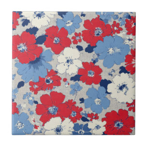 Patriotisches Rot Blau Weiß Floral (12) Fliese