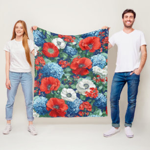 Patriotisches Rot Blau Weiß Floral (1) Fleecedecke