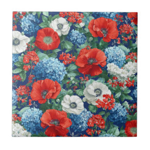 Patriotisches Rot Blau Weiß Floral (1) Fliese