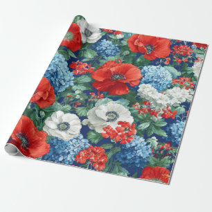 Patriotisches Rot Blau Weiß Floral (1) Geschenkpapier