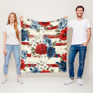 Patriotisches Rot Blau Weiß Floral (2) Fleecedecke