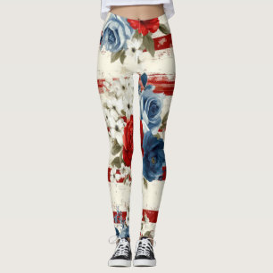 Patriotisches Rot Blau Weiß Floral (2) Leggings