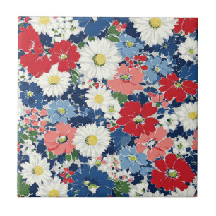 Patriotisches Rot Blau Weiß Floral (3) Fliese