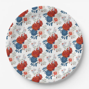 Patriotisches Rot Blau Weiß Floral (4) Pappteller