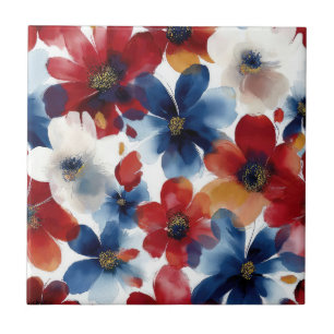Patriotisches Rot Blau Weiß Floral (5) Fliese