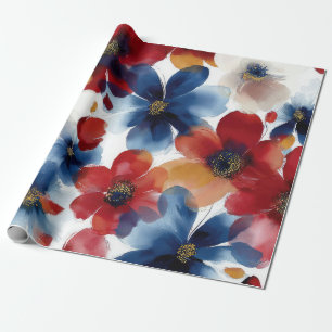 Patriotisches Rot Blau Weiß Floral (5) Geschenkpapier