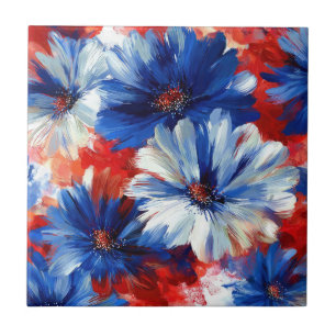 Patriotisches Rot Blau Weiß Floral (6) Fliese