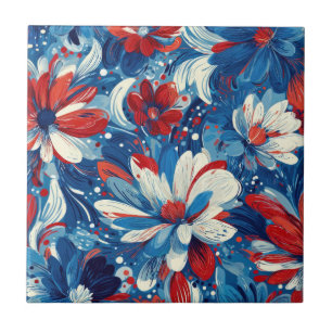 Patriotisches Rot Blau Weiß Floral (8) Fliese