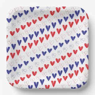Patriotisches Rotes, Weißes und Blaues Herz Pappteller