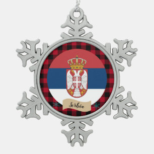 Patriotisches Serbien, kariert roter Büffel, serbi Schneeflocken Zinn-Ornament