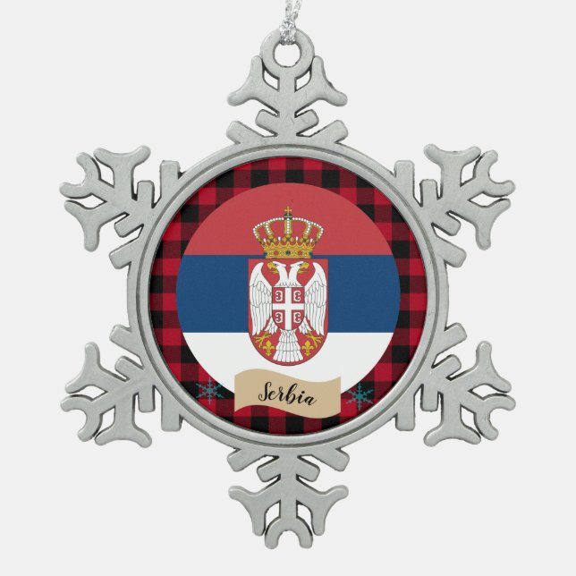 Patriotisches Serbien, kariert roter Büffel, serbi Schneeflocken Zinn-Ornament (Vorderseite)
