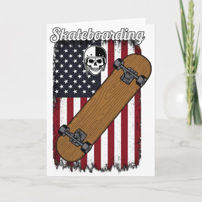 Patriotisches Skateboarding USA-Flagge & Totenkopf Karte (Vorderseite)