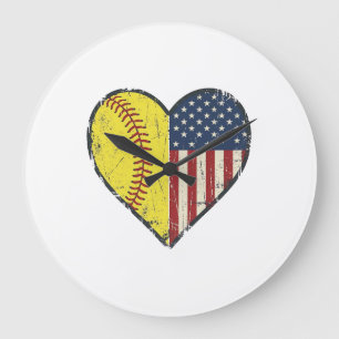 Patriotisches Softball-Herz Vintage-Vektordesign_1 Große Wanduhr