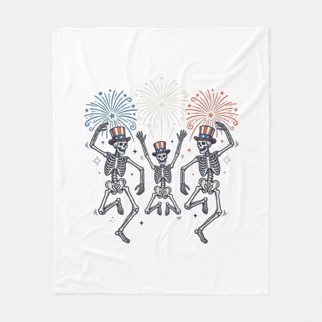 Patriotisches tanzendes Skelett-Feuerwerk Vintage- Fleecedecke (Vorderseite)