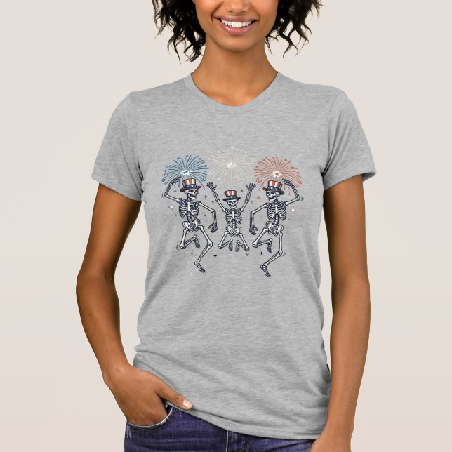 Patriotisches Tanzendes Skelett Feuerwerk Vintage- T-Shirt (Vorderseite)
