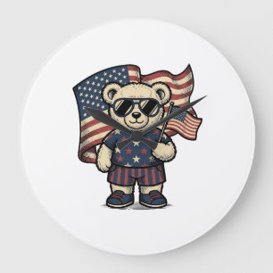 Patriotisches Teddybär-Vintage-Gravur-Shirt-Design Große Wanduhr
