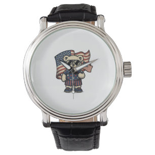 Patriotisches Teddybär-Vintage-Stickerei-Shirt-Des Armbanduhr