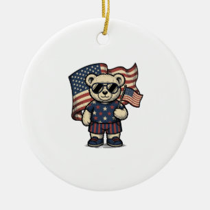 Patriotisches Teddybär-Vintage-Stickerei-Shirt-Des Keramik Ornament