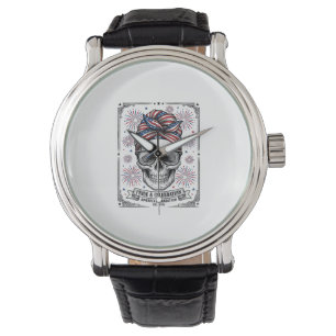 Patriotisches Totenkopf-Feuerwerk Vintage-Stich-Sh Armbanduhr