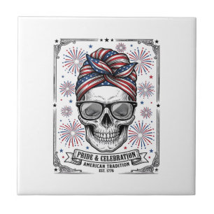 Patriotisches Totenkopf-Feuerwerk Vintage-Stich-Sh Fliese