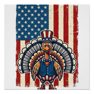 Patriotisches Truthahn-Flagge Vintage-Gravur-Shirt Poster