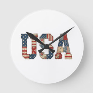 Patriotisches USA-Patchwork-Vintage-Americana-Quil Runde Wanduhr
