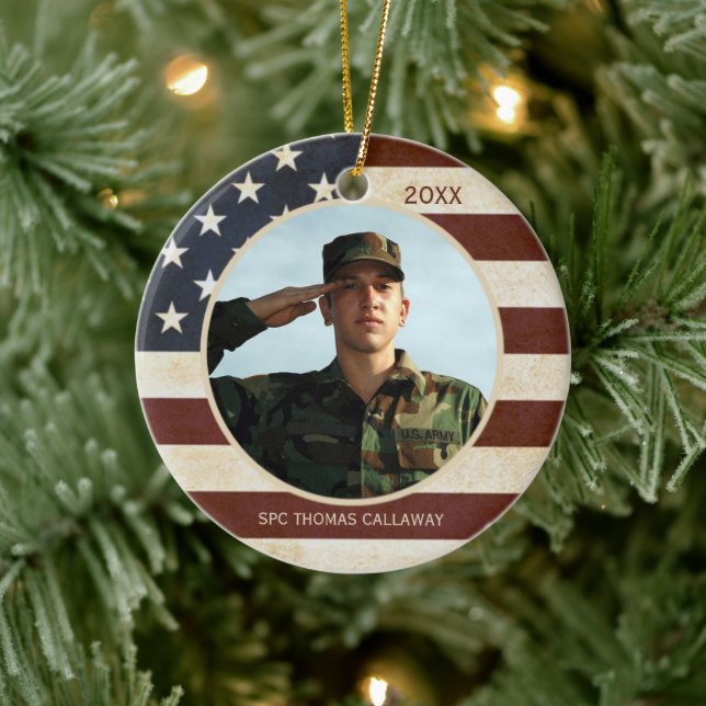 Patriotisches Vintages amerikanisches Flag-Foto Keramikornament (Baum)