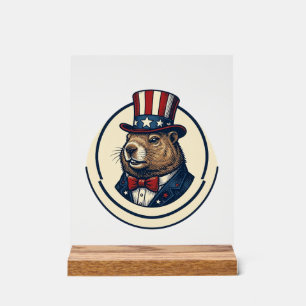 Patriotisches Waldmurmeltier Vintage-Stich-Shirt-D Acrylschild