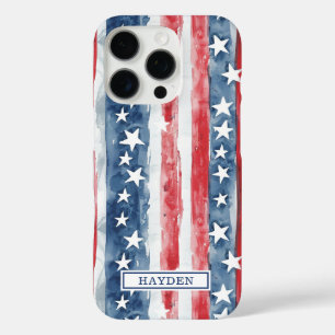 Patriotisches Wasserfarben-Sterne-und-Streifen-Mon iPhone 16 Pro Hülle