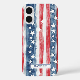 Patriotisches Watercolor-Stars-and-Stripes-Monogra iPhone 16 Hülle