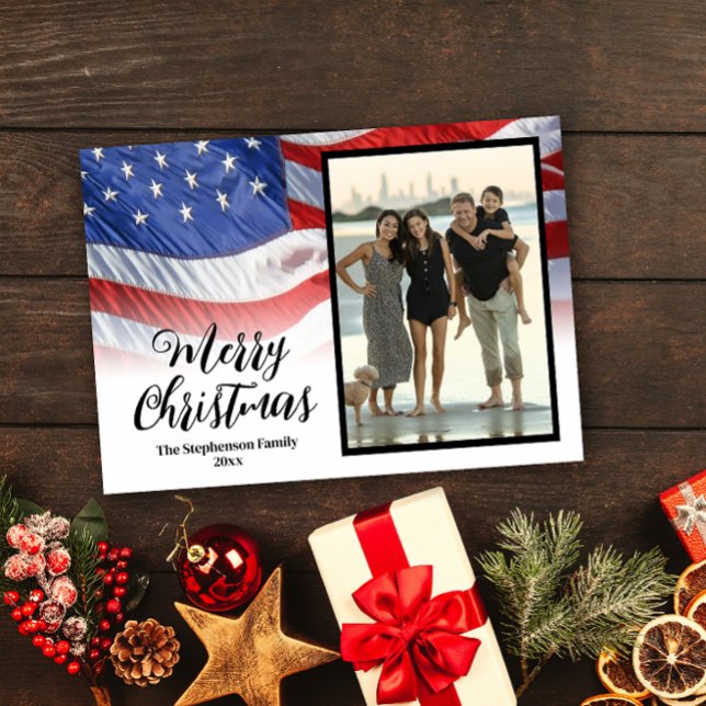 Patriotisches Waving American Flag Weihnachtsfest- Feiertagskarte (patriotic american flag merry christmas photo card)