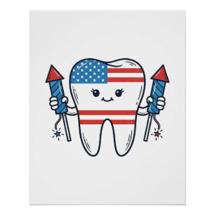 Patriotisches Zahnmaskottchen Feuerwerk Vektor Des Poster