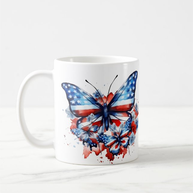 Patrotische Schmetterlinge USA Flag 4. Juli Kaffeetasse (Links)